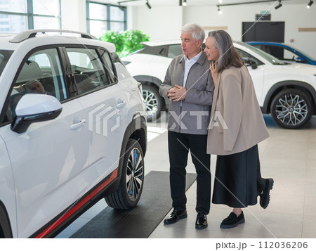 An elderly Caucasian couple chooses a new car at a car dealership. 112036206