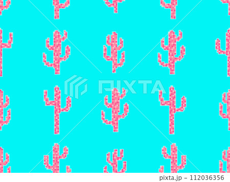 Seamless pattern with cacti in pixel art style. 8-bit cacti in the style of classic 80s video games. Retro design for print, wrapping paper and wallpaper. Vector illustration 112036356