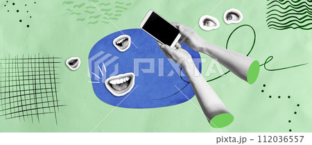 Person using a smartphone with eyes and mouth 112036557
