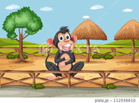 Cheerful Monkey on a Wooden Bridge Cheerful Monkey on a Wooden Bridge 112036610