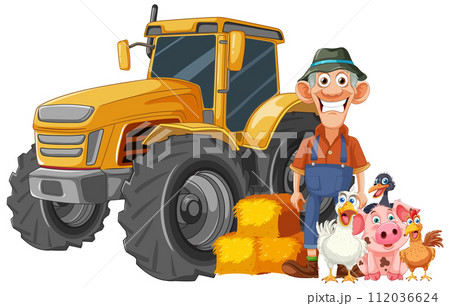 Friendly Farmer with Tractor and Animals Friendly Farmer with Tractor and Animals 112036624