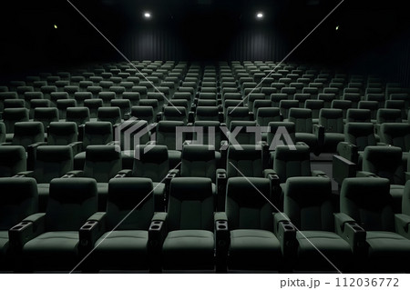 AI-generated content. Empty cinema hall with red seats. Movie theatre. Neural network AI generated art 112036772