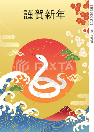 富士山と初日の出の2025年巳年の年賀状テンプレート(ベクターイラスト) 112036863