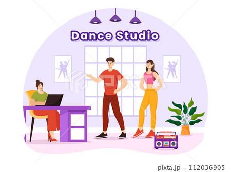 Dance Studio Vector Illustration with Dancing Couples Performing Accompanied by Music in Flat Cartoon Background Design Dance Studio Vector Illustration with Dancing Couples Performing Accompanied by Music in Flat Cartoon Background Design 112036905