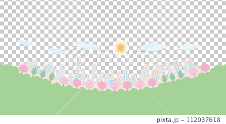 A cityscape with cherry blossoms blooming. A cityscape in spring. 112037618