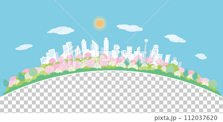 櫻花盛開的城市景觀,春天的城市景觀。 櫻花盛開的城市景觀,春天的城市景觀。 112037620