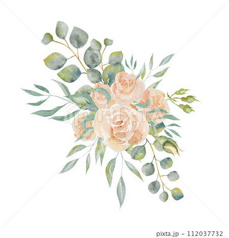 Watercolor illustration with peach rose flowers and eucalyptus branches. bouquet with peach roses Watercolor illustration with peach rose flowers and eucalyptus branches. bouquet with peach roses 112037732
