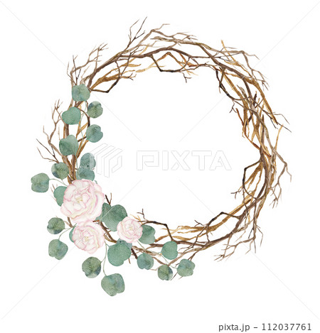 Watercolor wreath of dry twigs with roses and eucalyptus.Wreath arrangement for card, invitation 112037761