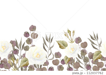 Watercolor roses and eucalyptus greenery. Delicate vintage roses, frame, wreath, bouquet. Watercolor roses and eucalyptus greenery. Delicate vintage roses, frame, wreath, bouquet. 112037762