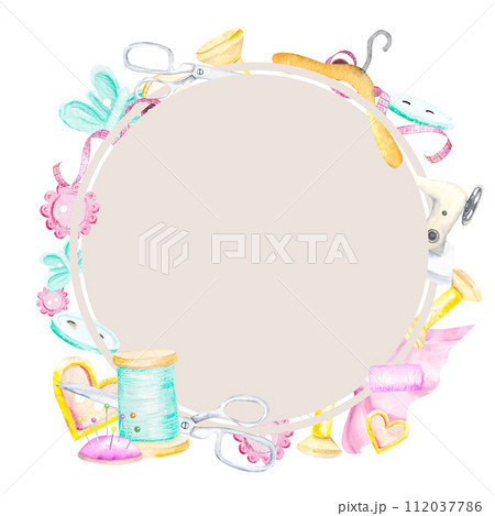 Frame from a watercolor sewing kit. Hangers, buttons, threads, ribbon, sewing machine, needlework, embroidery, scissors. 112037786
