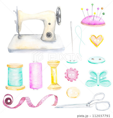 Watercolor sewing set.Hangers, buttons,threads,ribbon,sewing machine,needlework,embroidery,scissors 112037791