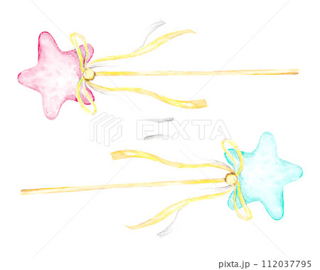 Watercolor illustration of a magic wand with a gold star.Funny cartoon illustration for princess 112037795
