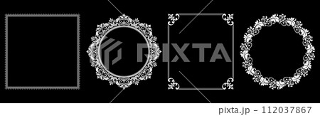 Set of decorative frames Elegant vector element for design in Eastern style, place for text. Floral black and white borders. Lace illustration for invitations and greeting cards. Set of decorative frames Elegant vector element for design in Eastern style, place for text. Floral black and white borders. Lace illustration for invitations and greeting cards. 112037867