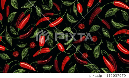 AI-generated content. mexican hot pepper chili, slices, halves, crushed pieces and branch. Neural network AI generated art 112037970