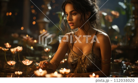 AI-generated content. Young beautiful Indian woman holding a lit candle for Indian Festival Diwali. Neural network AI generated art 112038020