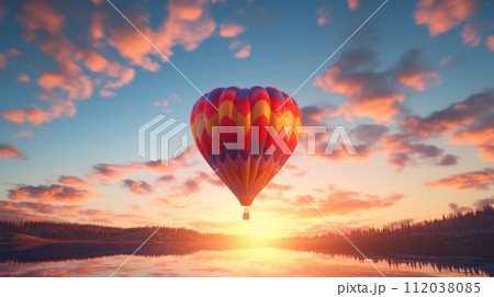 AI-generated content. Hot air balloon over the sea at sunset. Neural network AI generated art 112038085