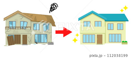 廃墟の古い家をきれいな一戸建てにリフォームする イラスト 廃墟の古い家をきれいな一戸建てにリフォームする イラスト 112038199
