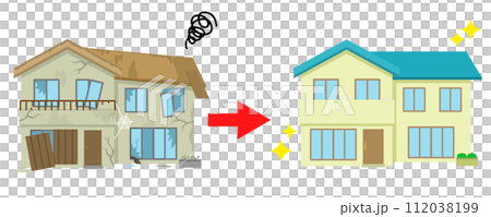 廃墟の古い家をきれいな一戸建てにリフォームする イラスト 廃墟の古い家をきれいな一戸建てにリフォームする イラスト 112038199