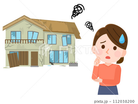 廃墟化した家に困る女性　イラスト 112038200