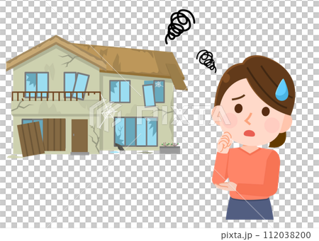 廃墟化した家に困る女性　イラスト 112038200