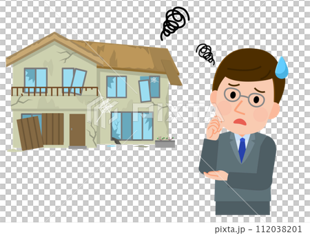 廃墟化した家に困るスーツの男性　イラスト 112038201