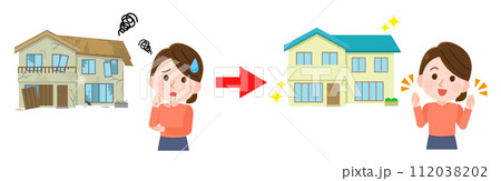 廃墟化した家がリフォームできれいな家になり喜ぶ女性 イラスト 廃墟化した家がリフォームできれいな家になり喜ぶ女性 イラスト 112038202
