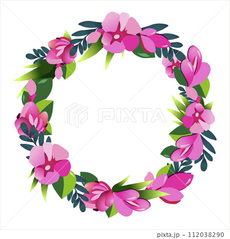 Vector round frame of hand drawn flowers for words. Isolated red pink vignette for flat design 112038290