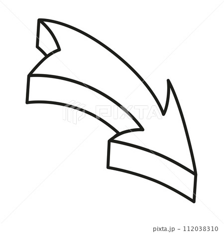 3d Vector abstract arrow. Hand drawn geometric curved pointer down. Isolated bold doodle for design. 112038310