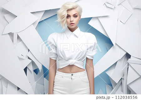 AI-generated content. A girl in a white sweater outdoors. Sweater clothing mockup concept Generative AI 112038556