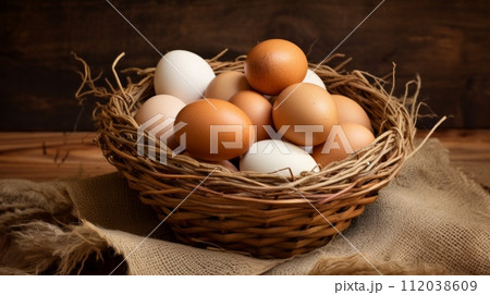 AI-generated content. Many fresh organic eggs in a large basket. Neural network AI generated art 112038609