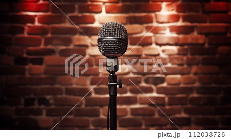 AI-generated content. Pop microphone on the background of a brick wall. Neural network AI generated art 112038726