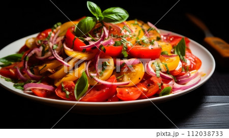AI-generated content. Plate with tomatoes, onions and basil. Neural network AI generated art AI-generated content. Plate with tomatoes, onions and basil. Neural network AI generated art 112038733