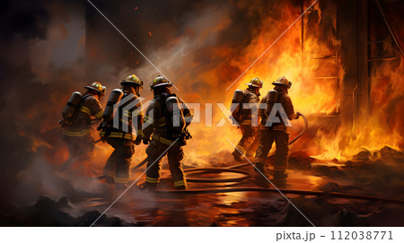 AI-generated content. Firefighters extinguish a fire. Neural network AI generated art 112038771