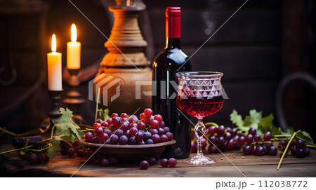 AI-generated content. Bottle and glass of wine with bunch of grapes. Neural network AI generated art 112038772