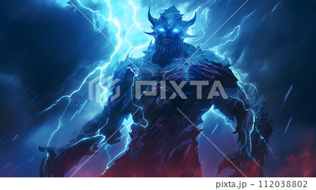 AI-generated content. Demon with blue lightning, devil. Neural network AI generated art 112038802
