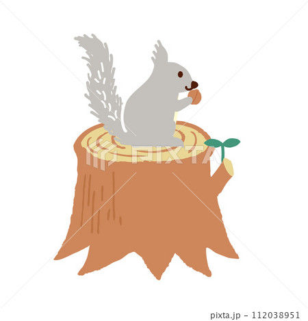 丸太の上でくるみをかじるリス カットイラスト 丸太の上でくるみをかじるリス カットイラスト 112038951