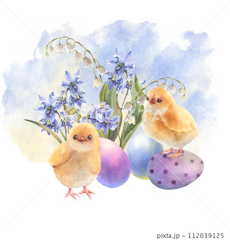 Happy Easter illustration, Chicken with colorful eggs and spring flowers, hand drawn watercolor illustration. Vintage style. Drawing on isolated white background for greeting cards or invitations Happy Easter illustration, Chicken with colorful eggs and spring flowers, hand drawn watercolor illustration. Vintage style. Drawing on isolated white background for greeting cards or invitations 112039125