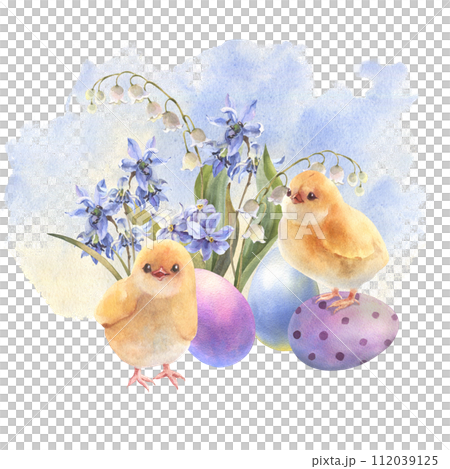 Happy Easter illustration, Chicken with colorful eggs and spring flowers, hand drawn watercolor illustration. Vintage style. Drawing on isolated white background for greeting cards or invitations Happy Easter illustration, Chicken with colorful eggs and spring flowers, hand drawn watercolor illustration. Vintage style. Drawing on isolated white background for greeting cards or invitations 112039125