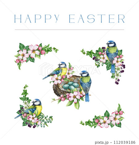 Easter vintage style floral decor set with garden birds. Watercolor illustration. Hand drawn spring flowers, blue-tit birds, nest with eggs decor. Easter tender festive collection. White background 112039186