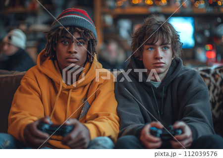 Friends enjoying video game at home 112039576