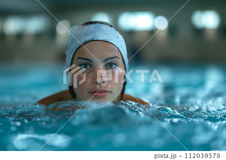 A woman swims in the pool. 112039578