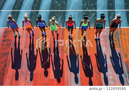 Female runners on tartan track in starting position 112039580