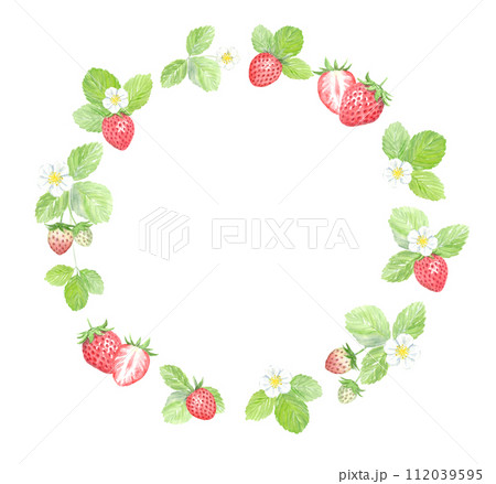 イチゴの水彩イラストの丸いフレーム素材 112039595