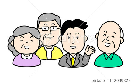 シンプルな人物イラスト　シニア世代に説明する社員 112039828