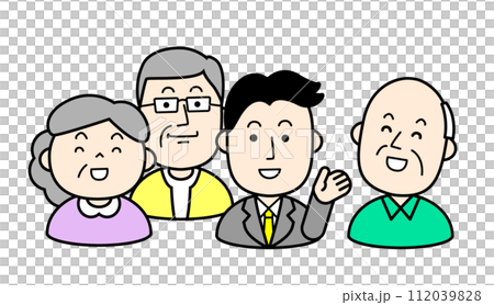 シンプルな人物イラスト　シニア世代に説明する社員 112039828