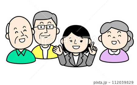 シンプルな人物イラスト　シニア世代に説明する社員 112039829