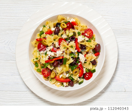 Farfalle salad, Bow Tie Pasta salad, top view 112040343