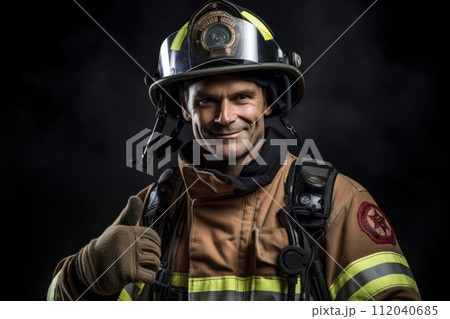 fire fighter showing OK approve or like signal with thumb raise up, generative Ai 112040685