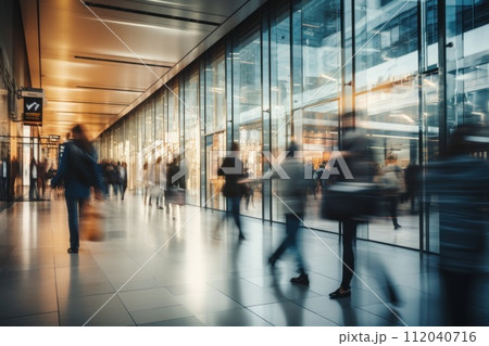Crowd of people walking in shopping mall fast moving . Generative AI 112040716