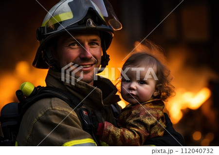 A female firefighter carrying a child to safety during a rescue mission. Generative AI 112040732